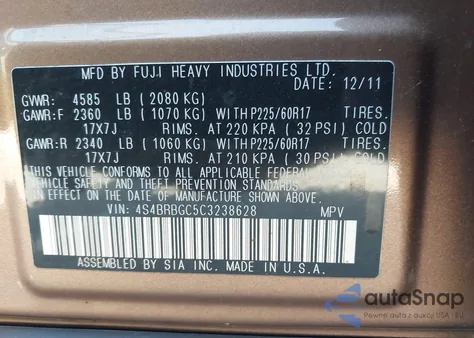 2012 Subaru Outback 2.5I Premium from USA, damaged, VIN 4S4BRBGC5C3238628